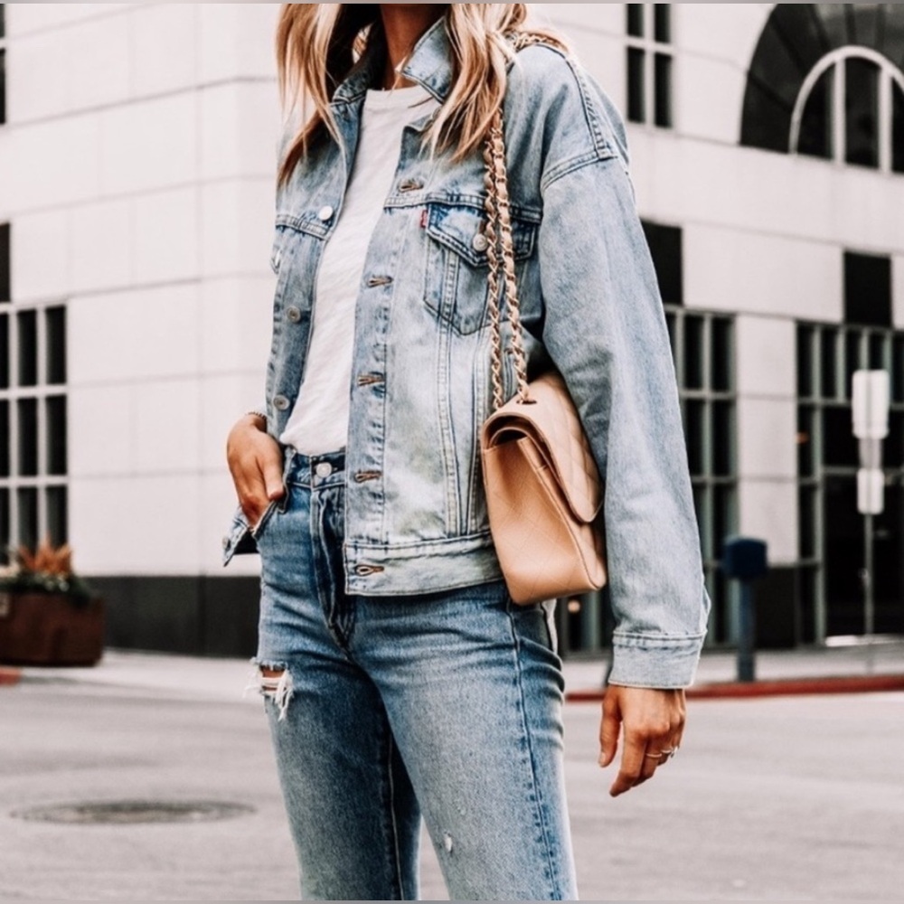 CI SONO Denim Collection Light Blue Denim Jacket with Tan Bag